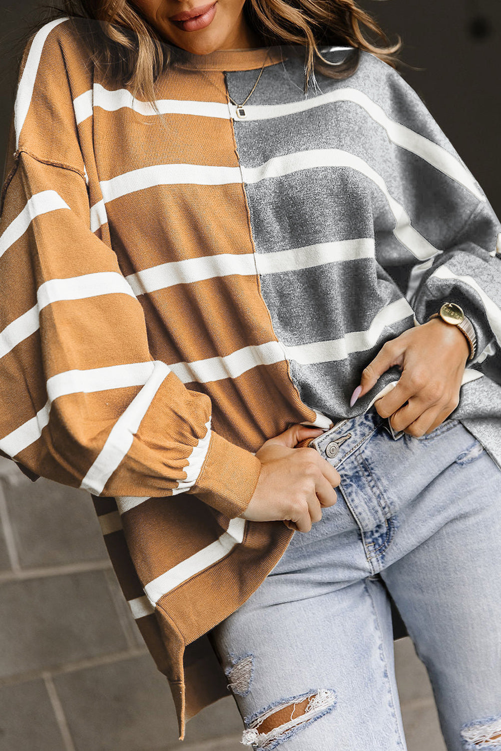 Brown Oversized Contrast Printed Dropped Shoulder Top