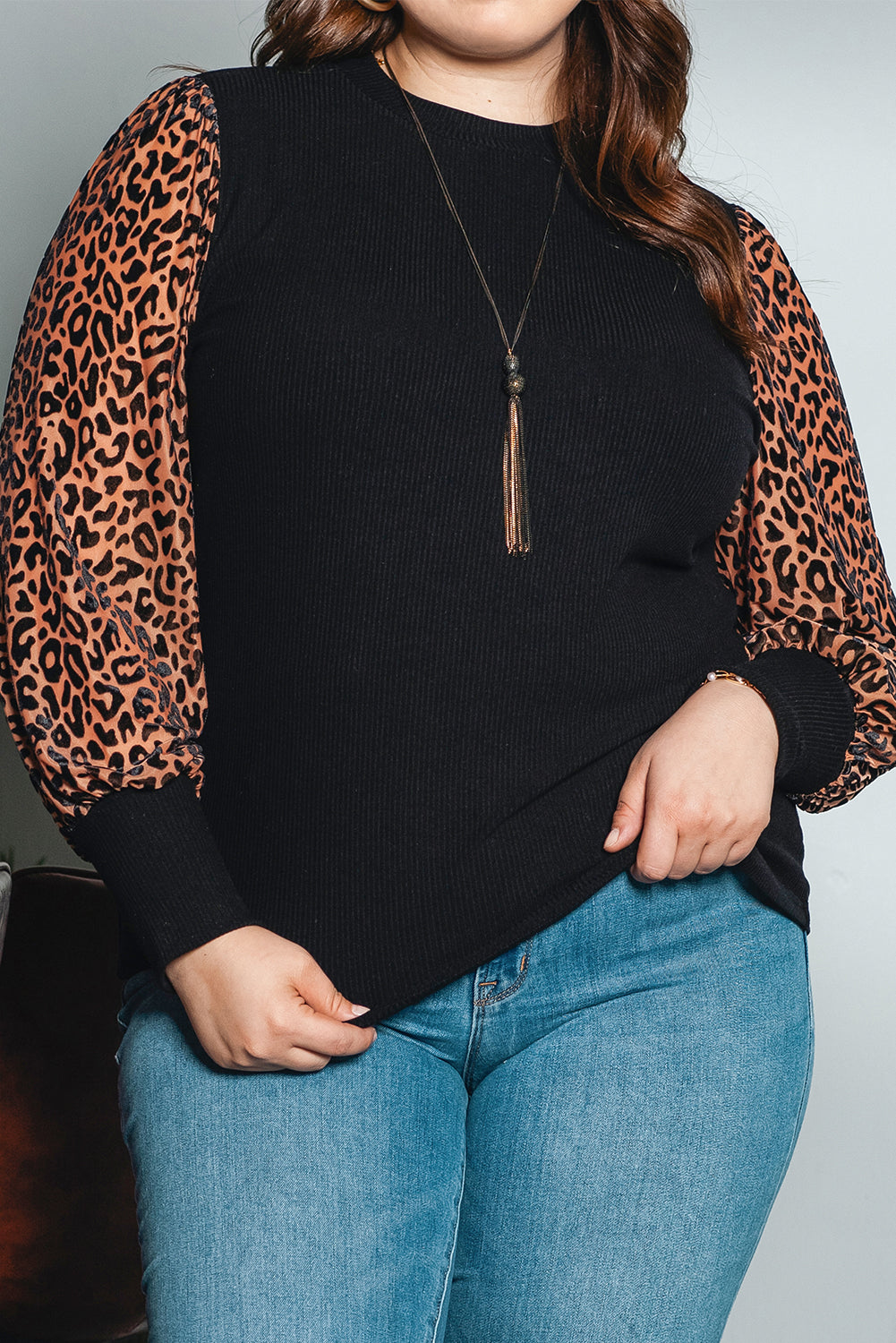 Black Leopard patchwork rebrasta pletena majica z lažnim ovratnikom velike velikosti