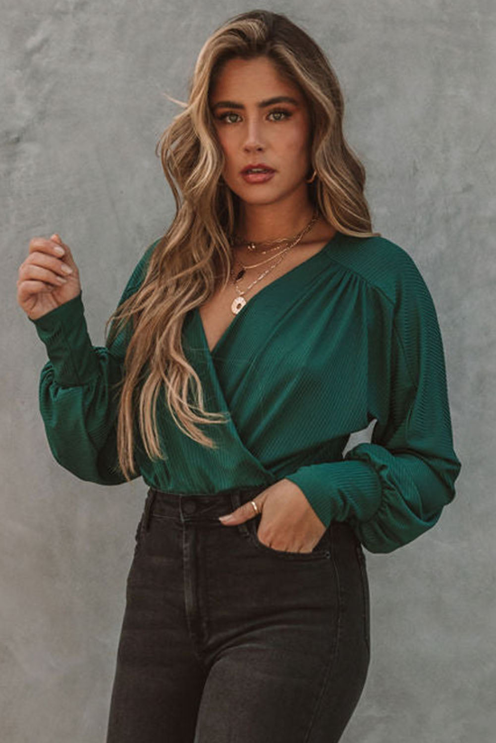 Green Ribbed Texture Drape Front V Neck Bodysuit