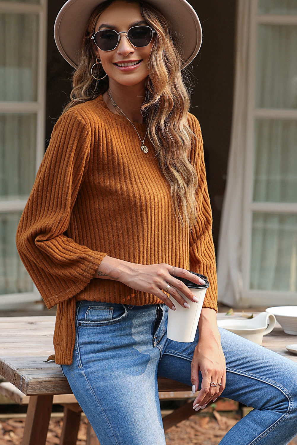 Gold Flame Ribbed Knit Three Quarter Sleeve T Shirt
