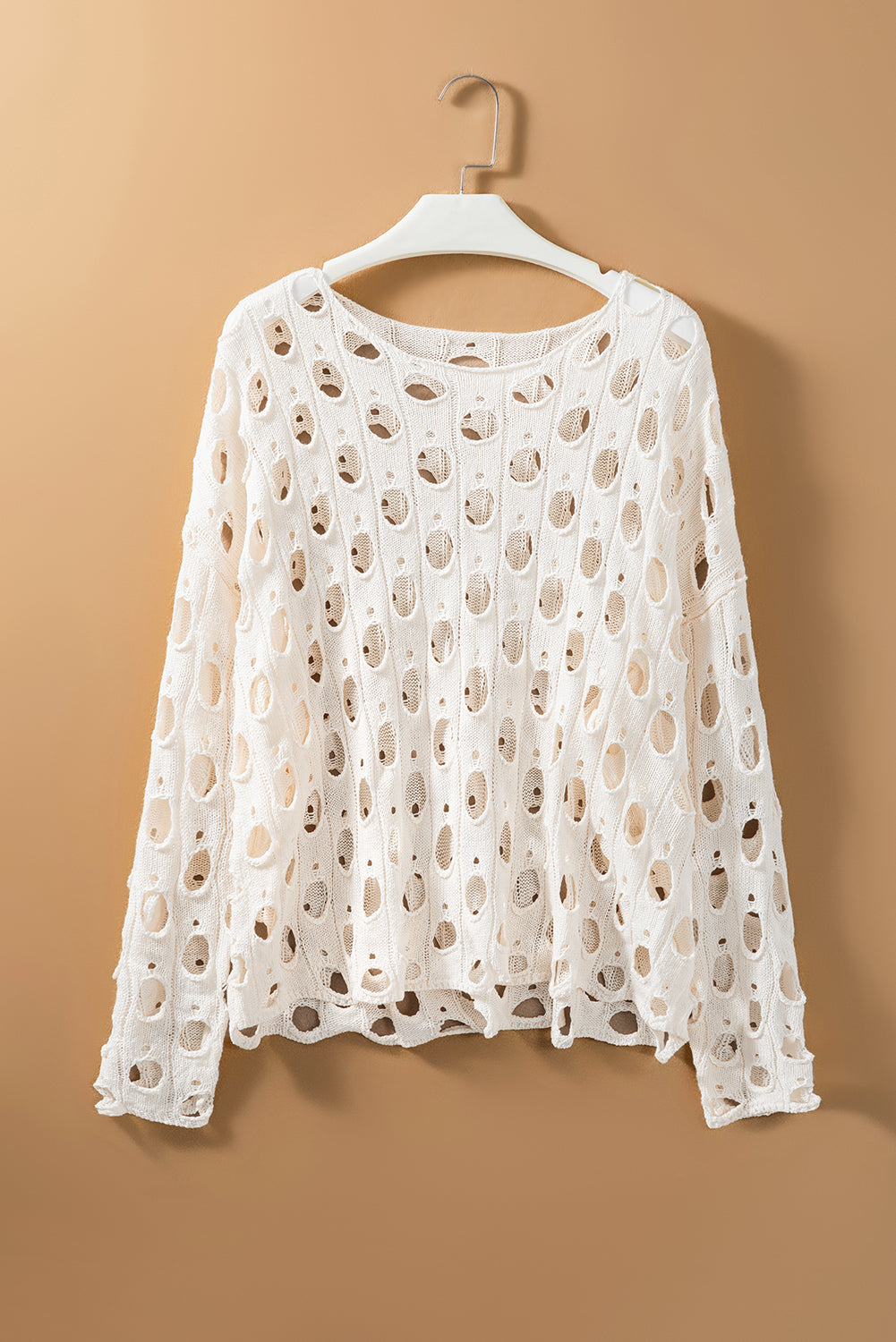 Beige Hollow-out Eyelet Knit Sweater