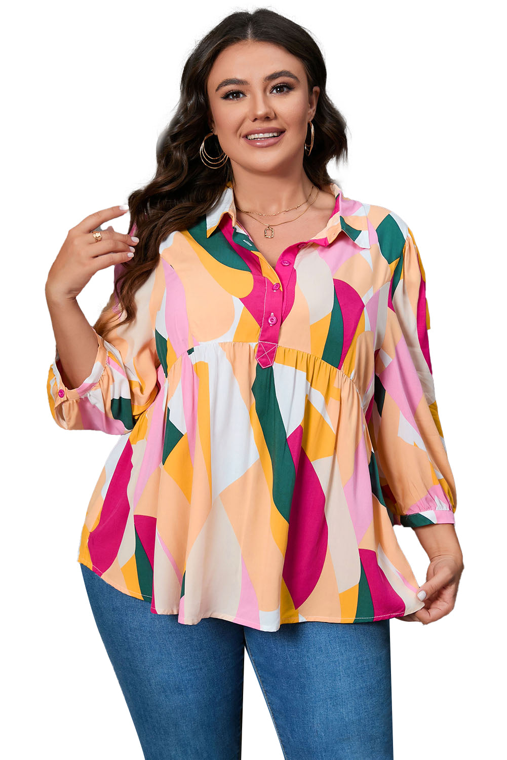 Lepršava bluza s narukvicom i rukavima s geometrijskim printom boje đumbira