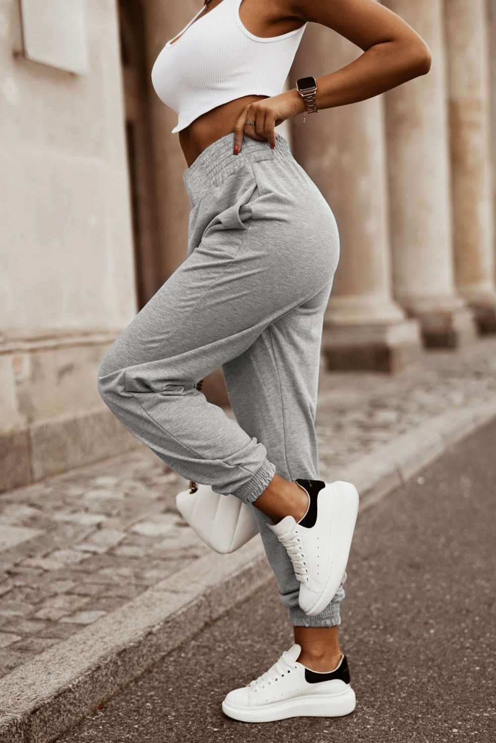 Pantaloni da jogging a vita alta con motivo smock grigio