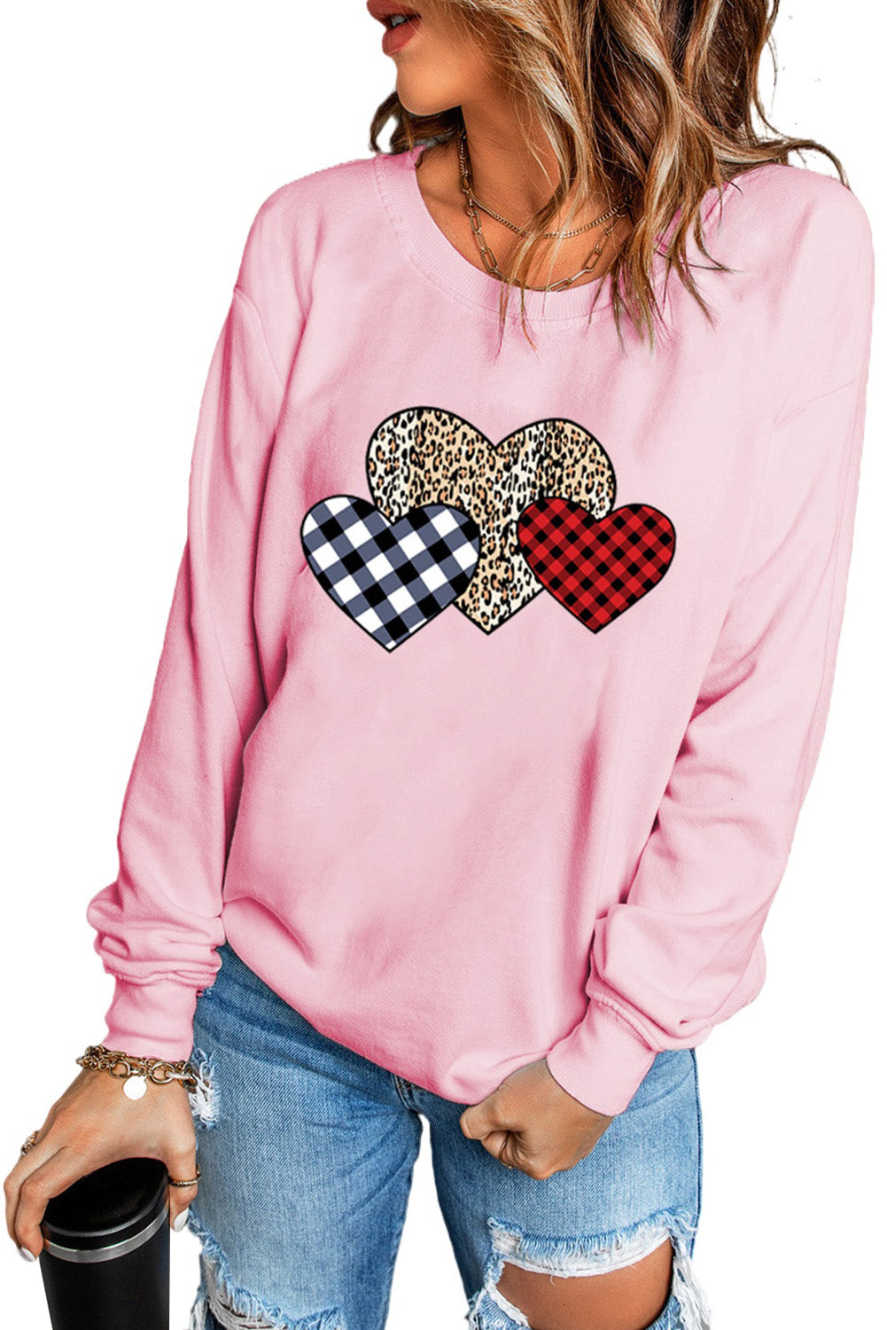 Pink Plaid Leopard Hearts Print Drop Sleeve Pullover Sweatshirt