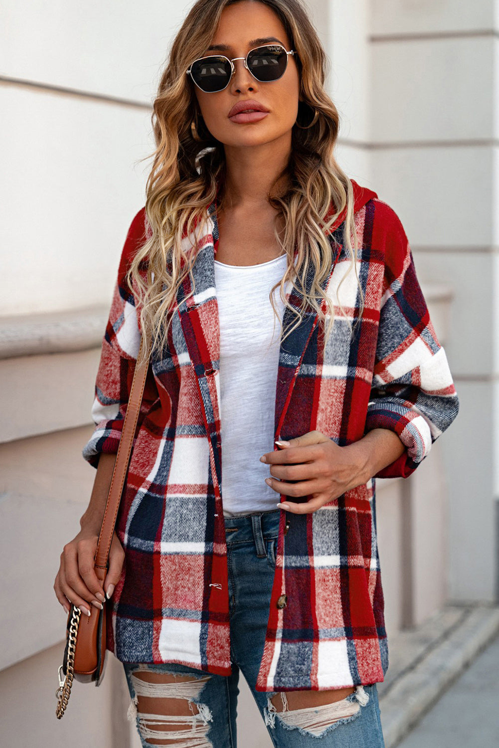 Orange Hooded Plaid Button Front Shacket