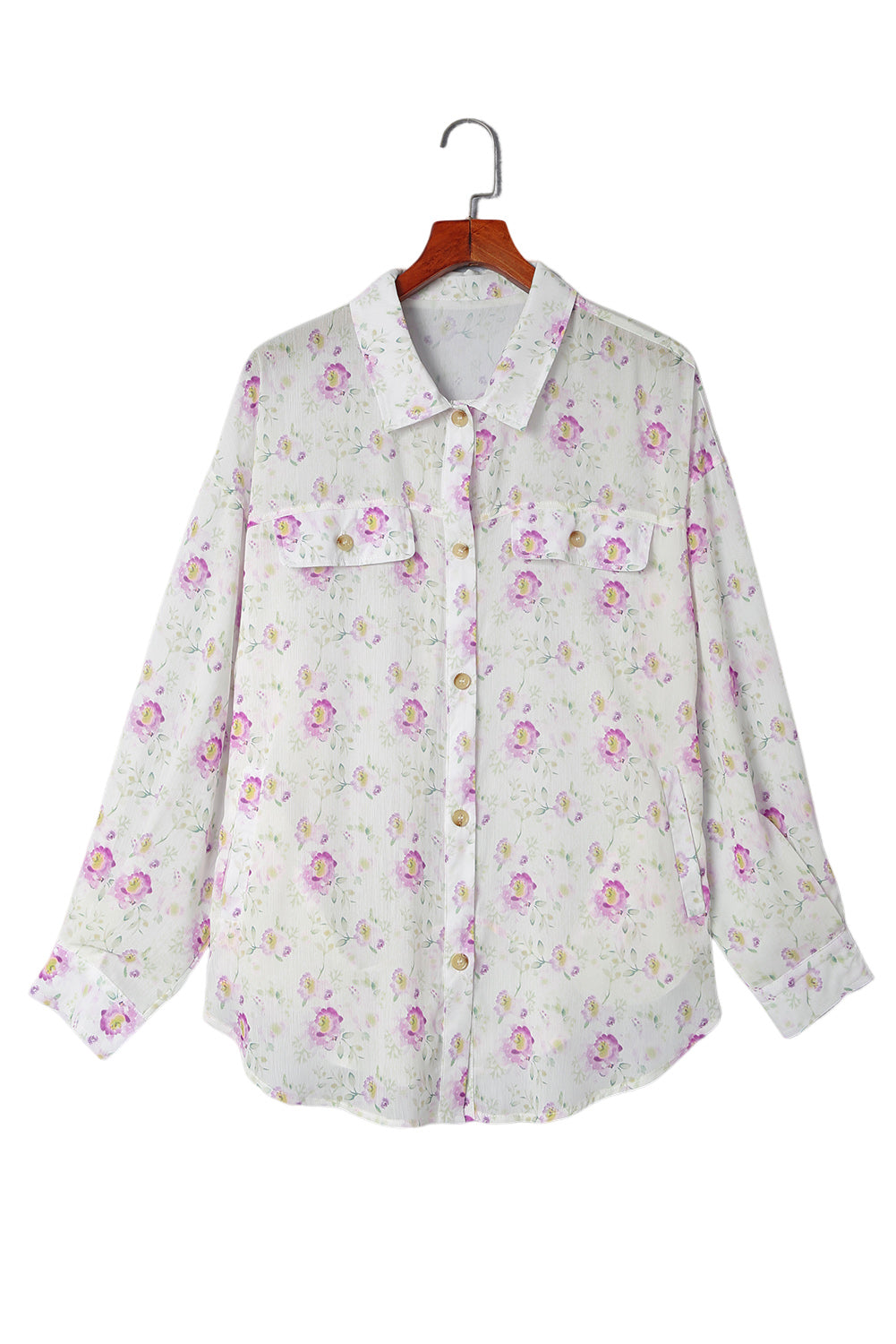 Chemise violette à poche à rabat plissée à imprimé floral