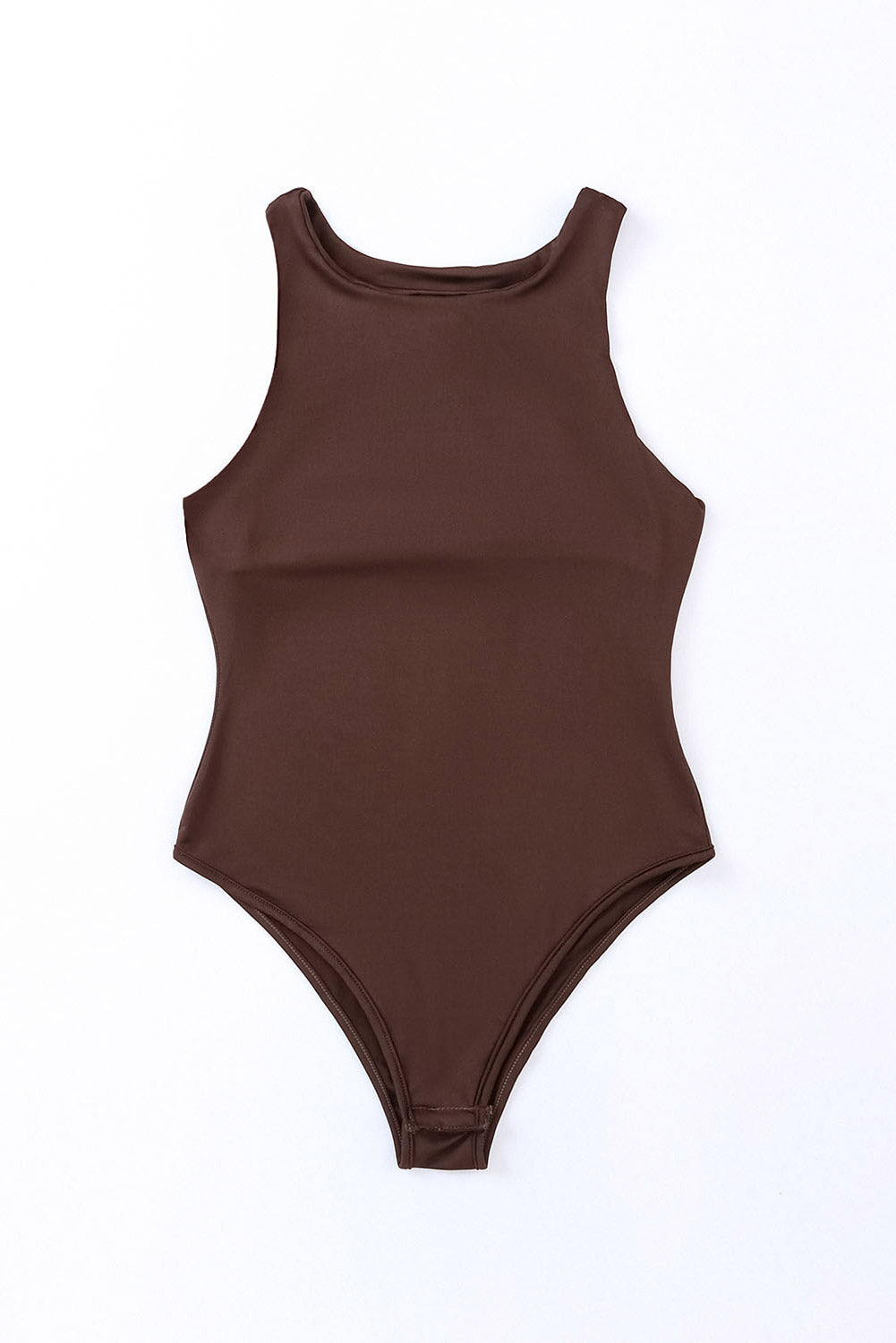 Brown Solid Crew Neck Sleeveless Bodysuit