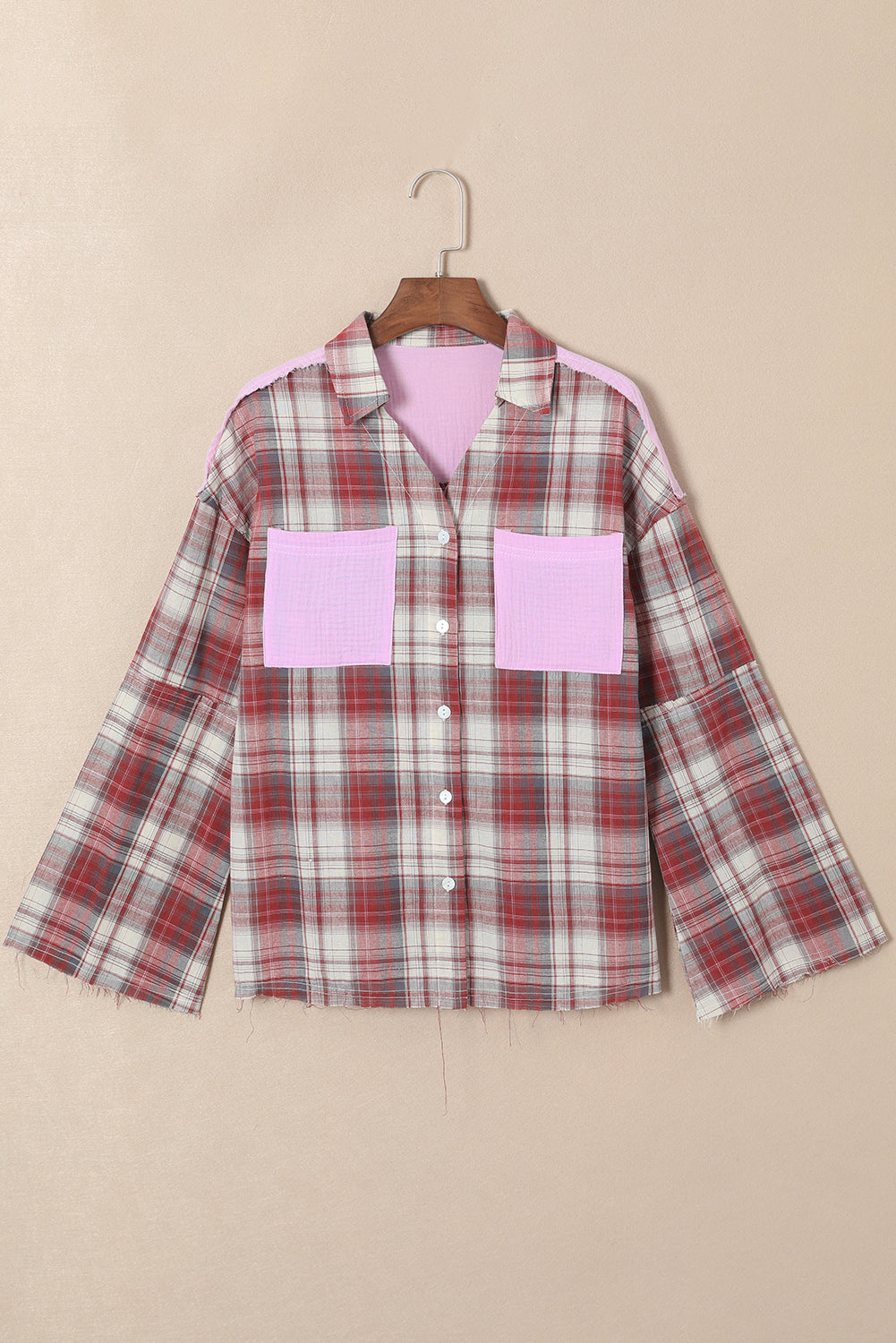 Fiery Red Contrast Patchwork Raw Edge Distressed Plaid Shirt