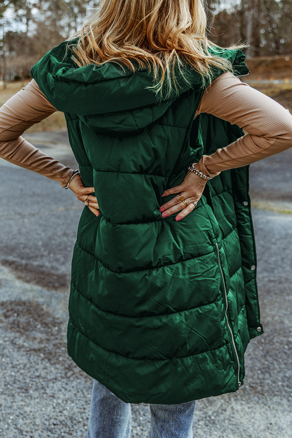 Manteau gilet matelassé long à capuche vert