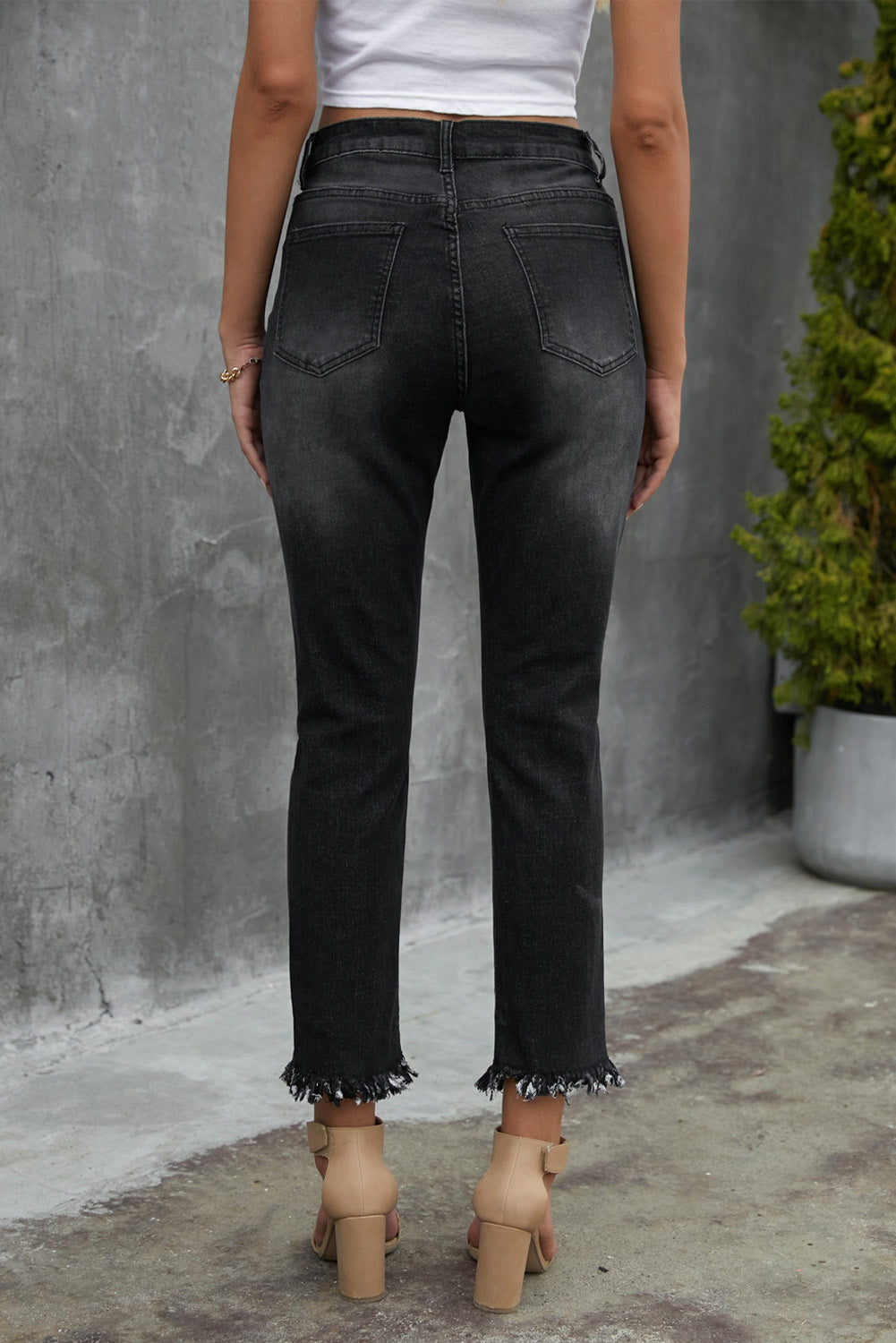 Black Distressed Raw Hem Button Mid Waist Jeans