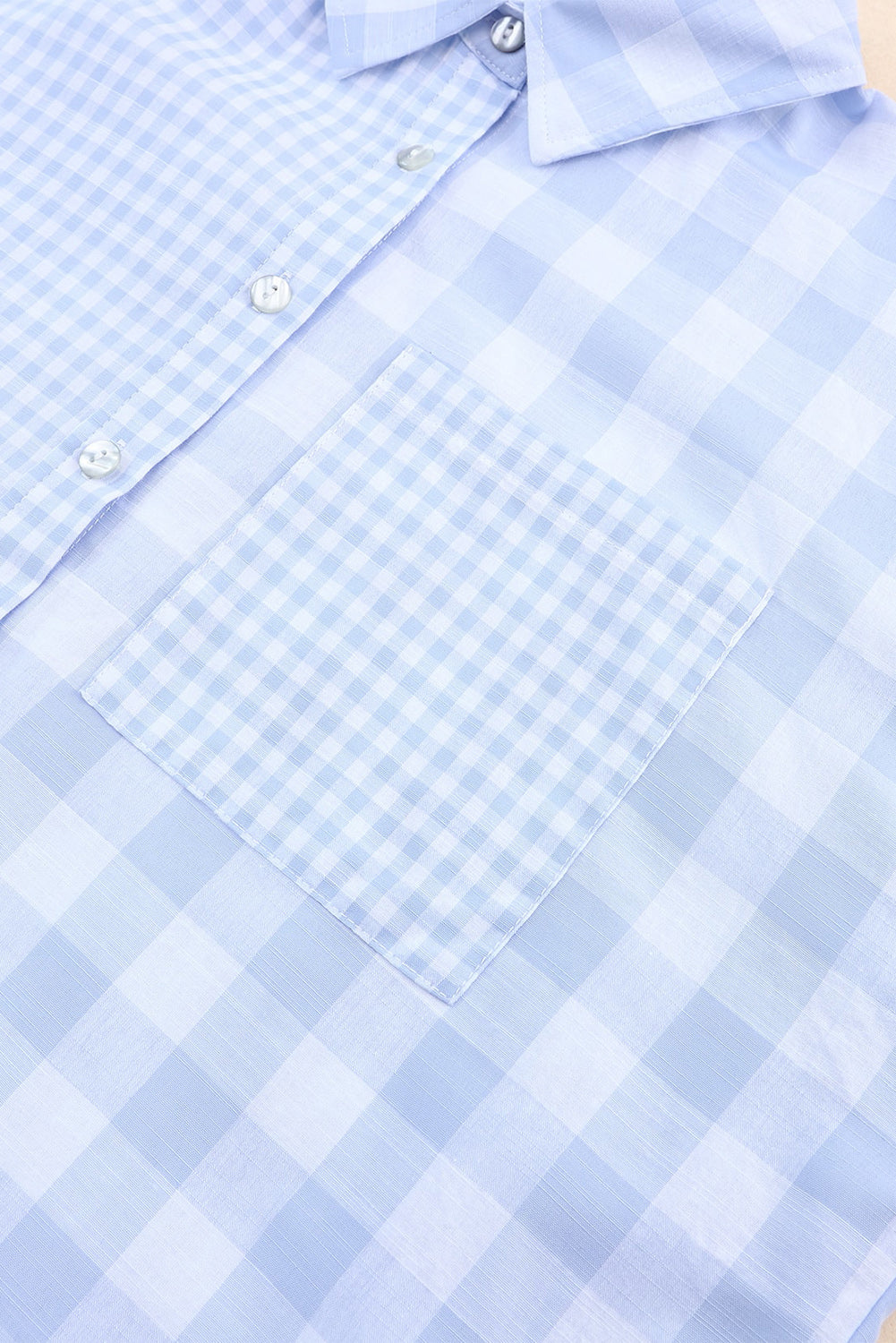 Chemise à manches longues en patchwork à carreaux mélangés bleu ciel