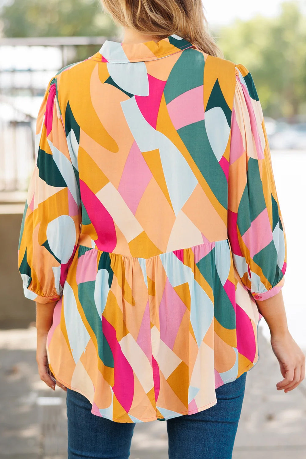 Camicetta Henley con maniche a bracciale con stampa geometrica multicolore