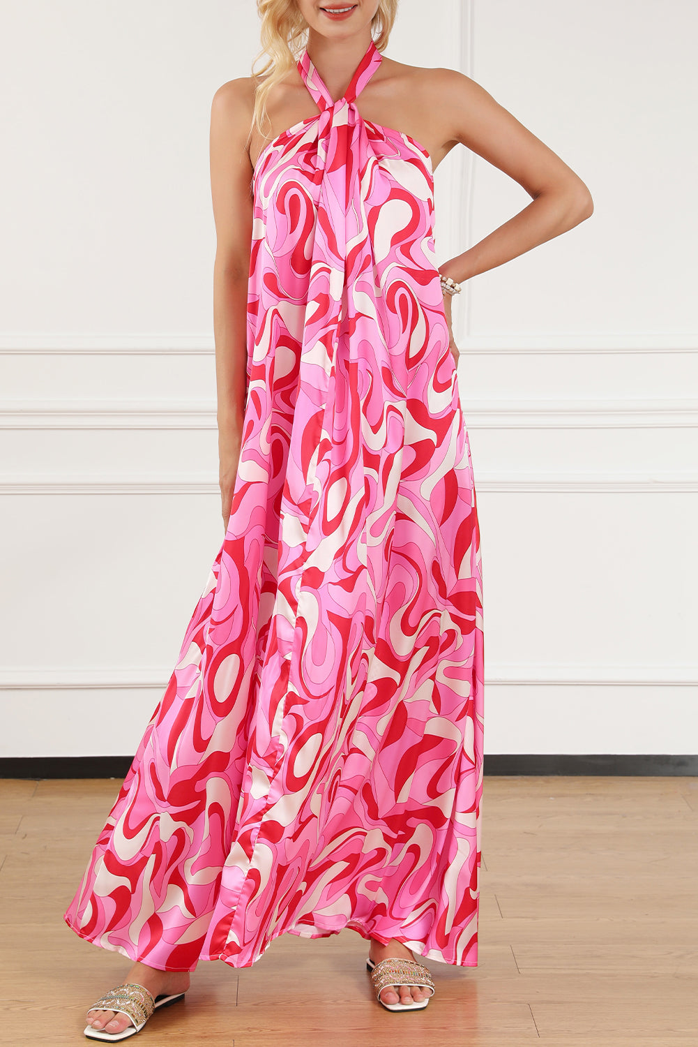 Robe longue dos nu rose à imprimé tourbillon abstrait