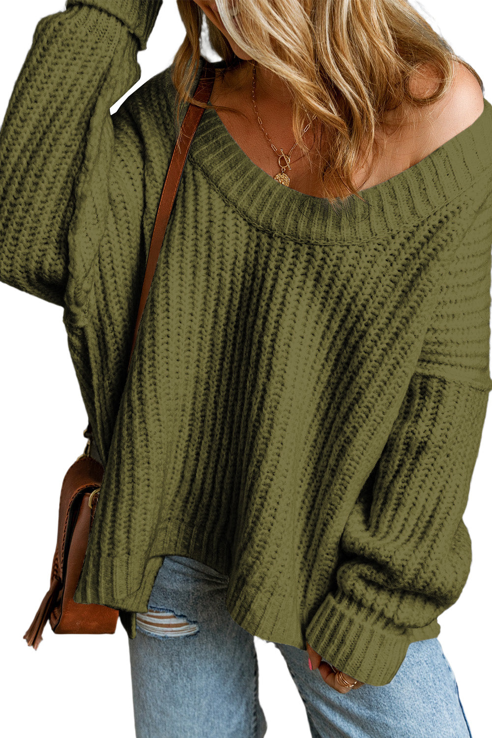 Kaki rebrasti pleteni debeljuškasti džemper s okruglim izrezom