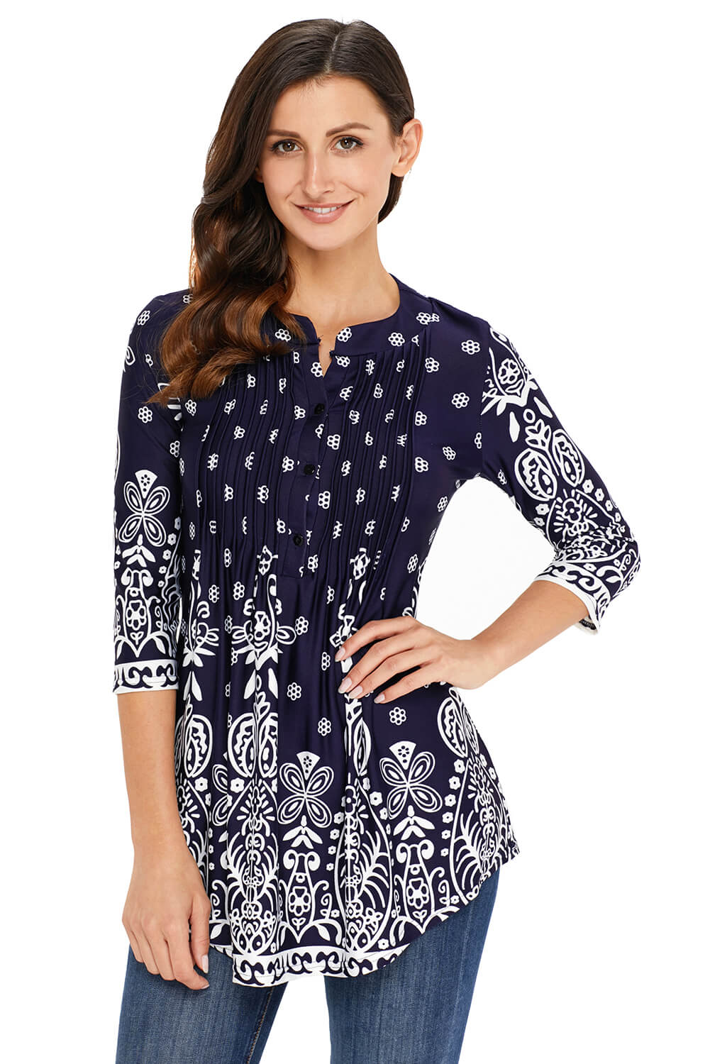 Black Floral Notch Neck Pin-tuck Tunic