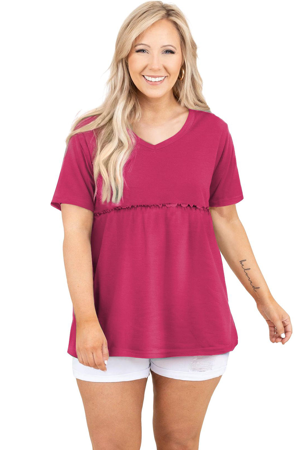 Ružičastocrvena jednobojna lepršava majica s kratkim rukavima veće veličine