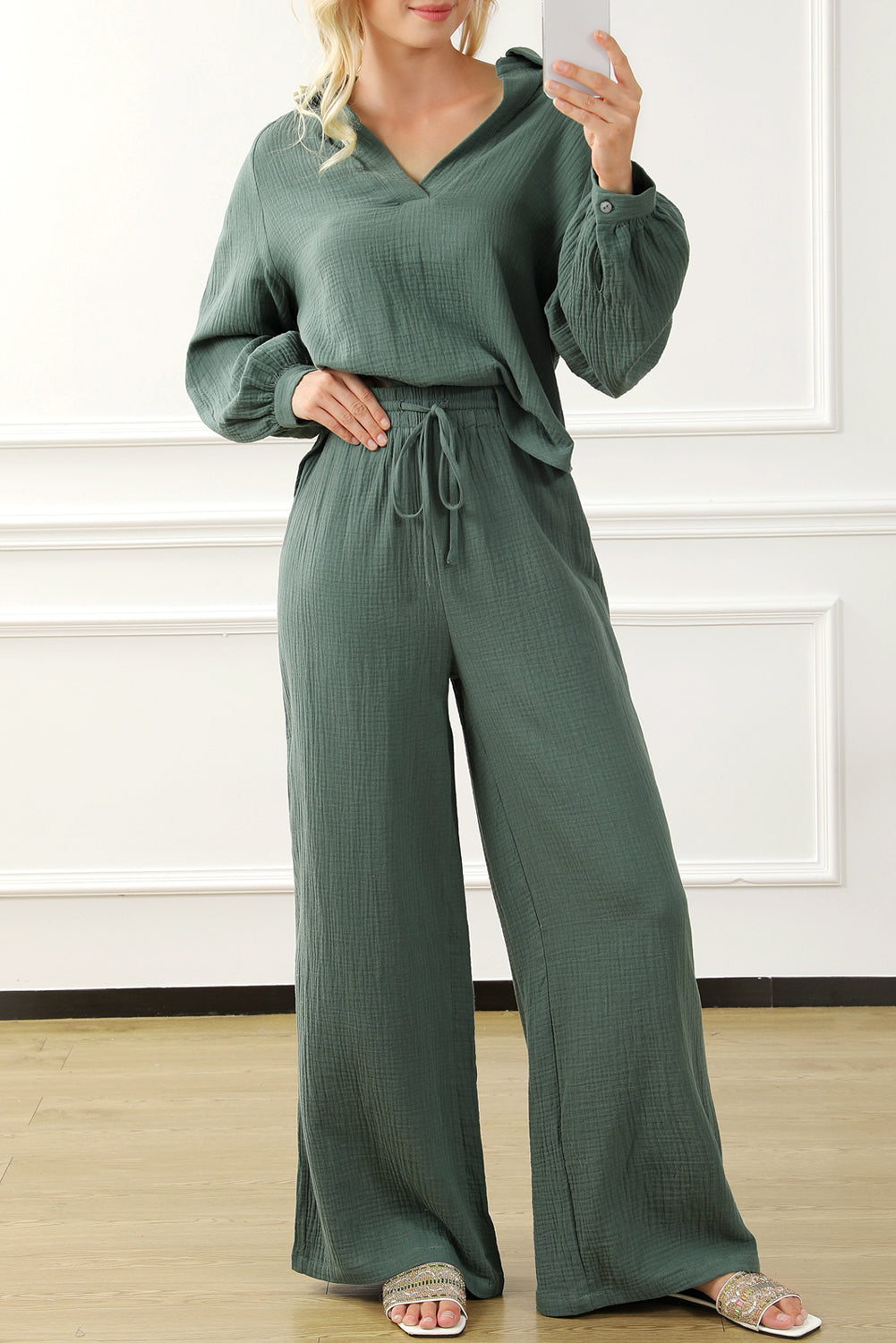 Green Crinkle Split Neck Top Loose Drawstring Pants Set