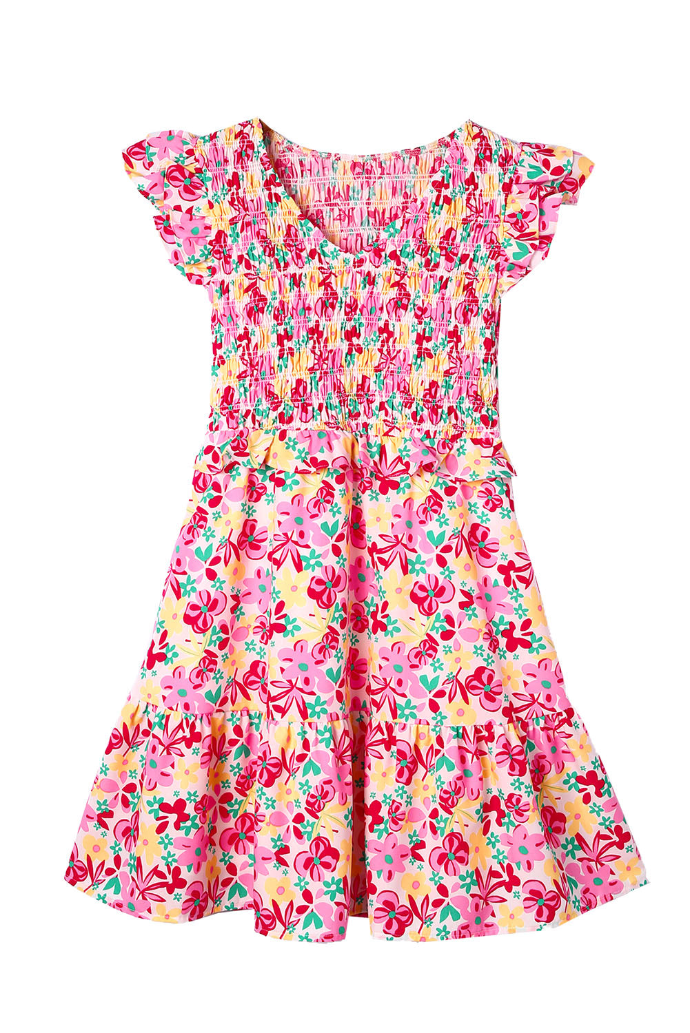 Robe florale multicolore à corsage smocké et bordure à volants