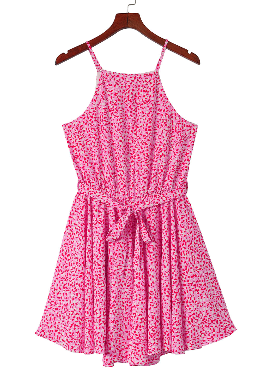 Pink Leopard Print Sleeveless Mini Dress with Waist Tie