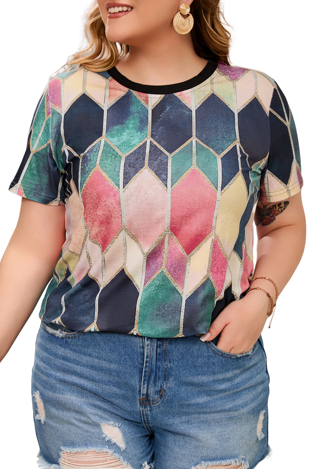 Lila T-Shirt mit Rundhalsausschnitt und Batik-Farbblock in Übergröße