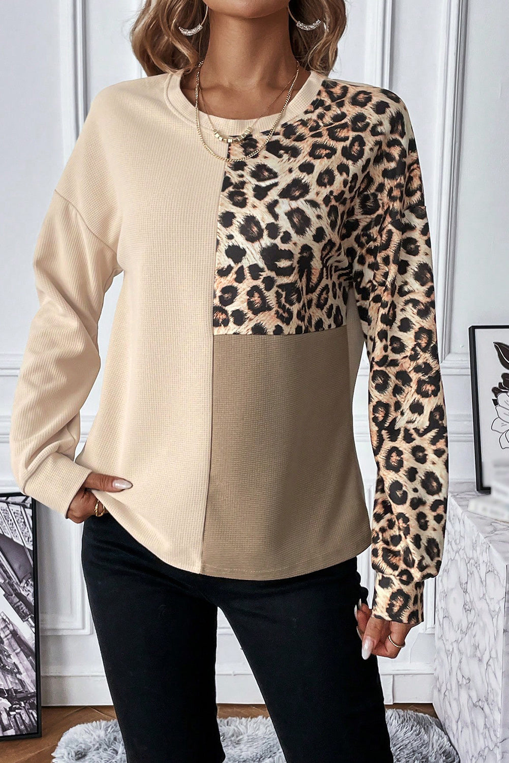 Bonbon Leopard Colorblock vafelj pletena majica