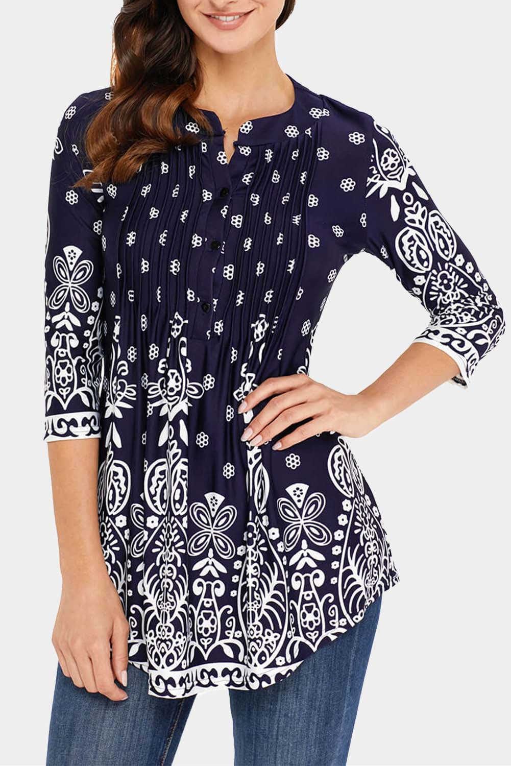 Black Floral Notch Neck Pin-tuck Tunic