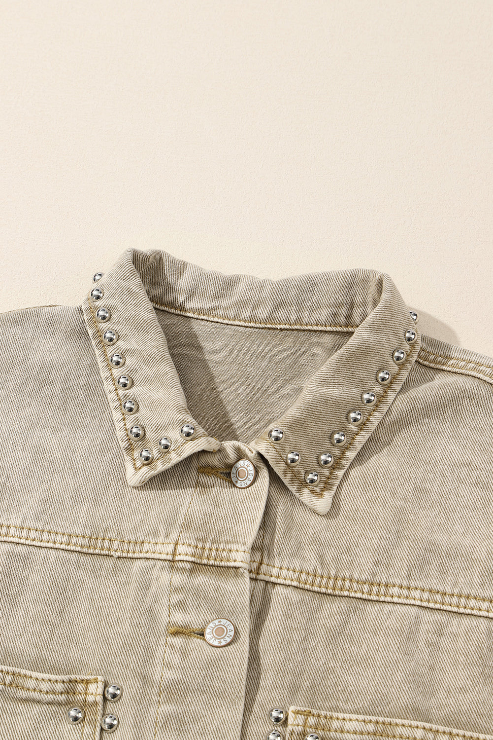 Light French Beige Rivet Studded Pocketed Denim Jacket