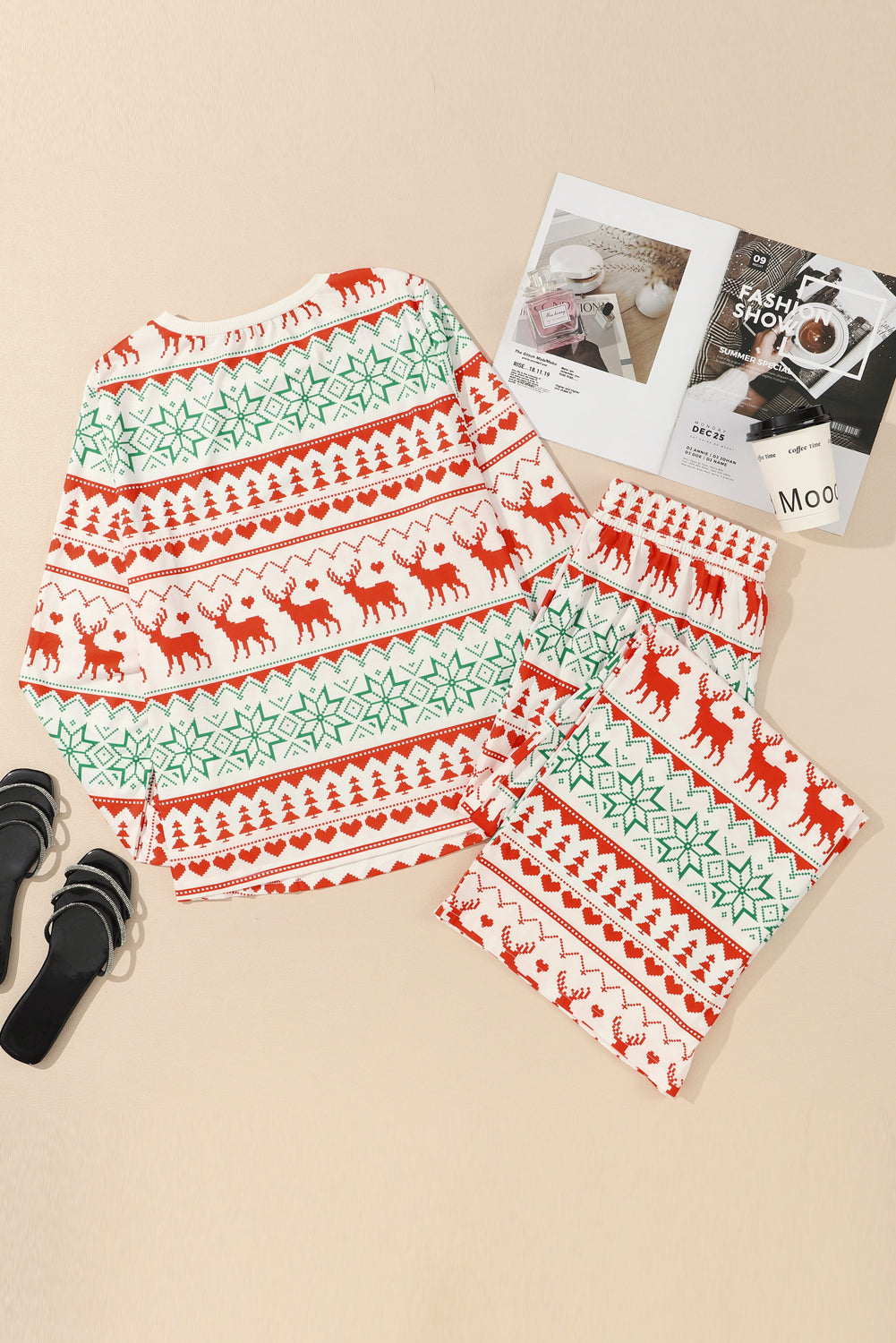 Bright White Christmas Print Pullover and Pants Lounge Set