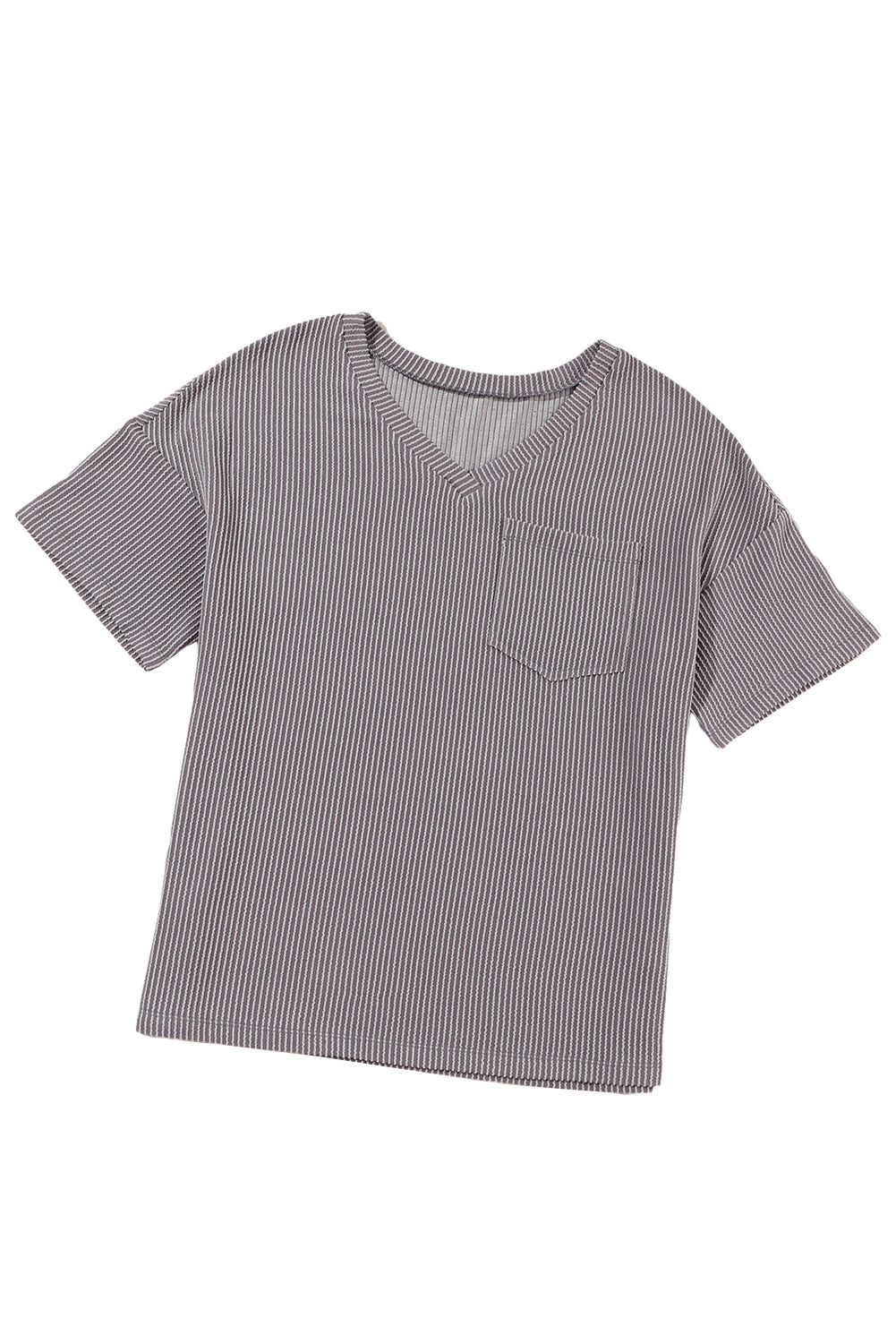 Hellgraues, schnurgebundenes, lockeres T-Shirt mit V-Ausschnitt und Brusttasche