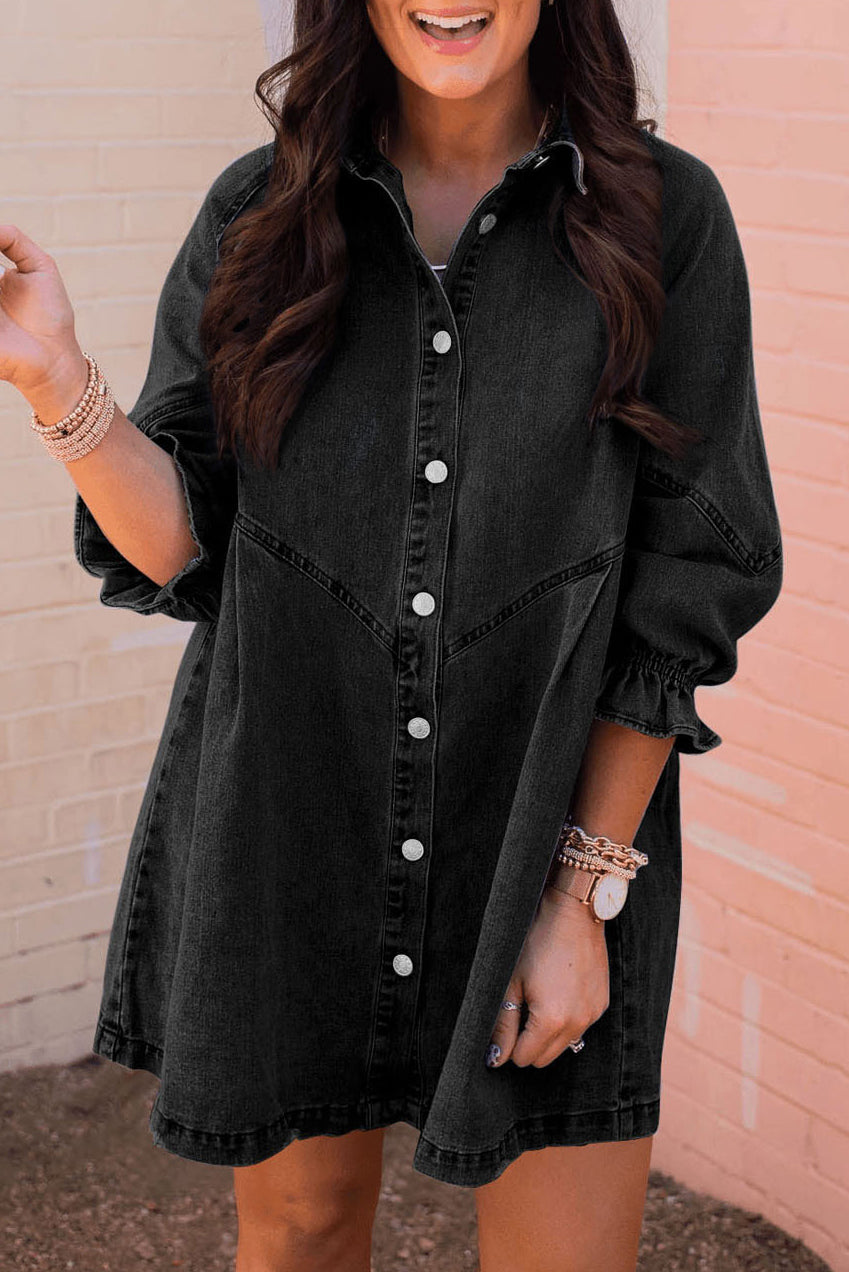 Črna mini obleka iz jeansa z dolgimi rokavi in ​​gumbi