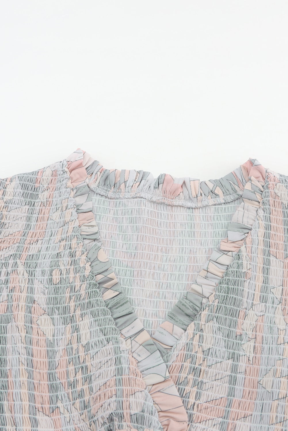 Multicolor Abstract Print Shirred V Neck Ruffle Mini Dress