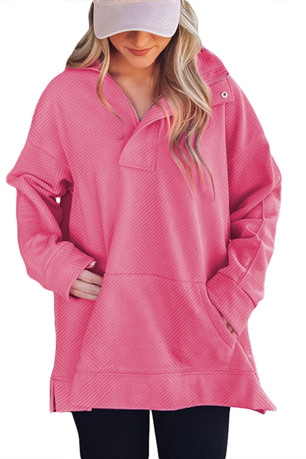 Sweat-shirt texturé rose vif à encolure zippée et poche kangourou