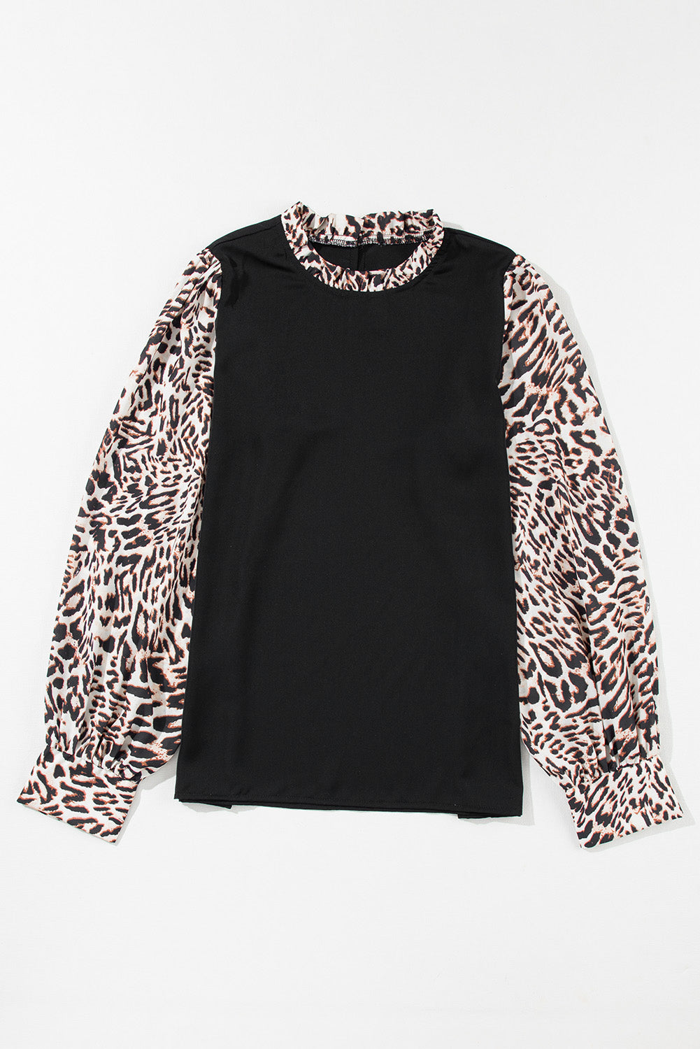 Schwarze Bluse mit Laternenärmeln und kontrastierendem Leopardenmuster