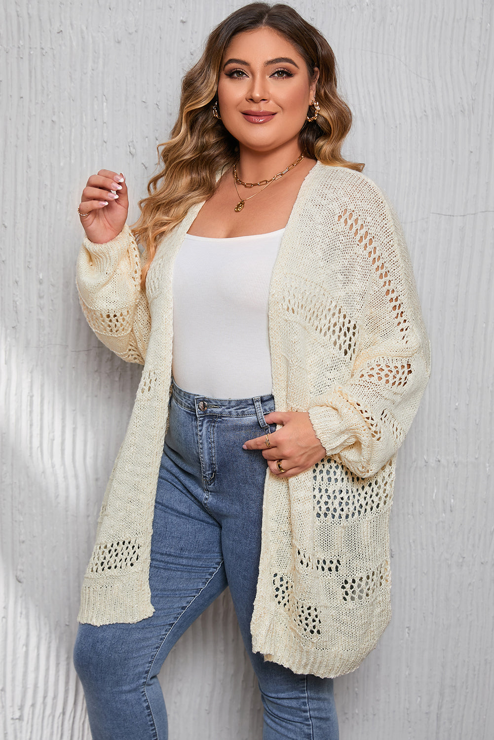 Marelica Plus Size Slouchy Hollowed Knit Open Front Cardigan