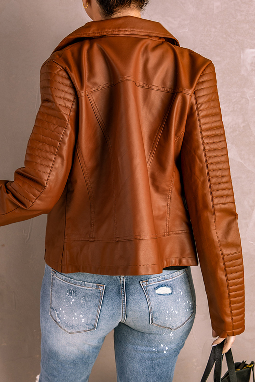 Veste de moto zippée en simili cuir marron avec coutures côtelées