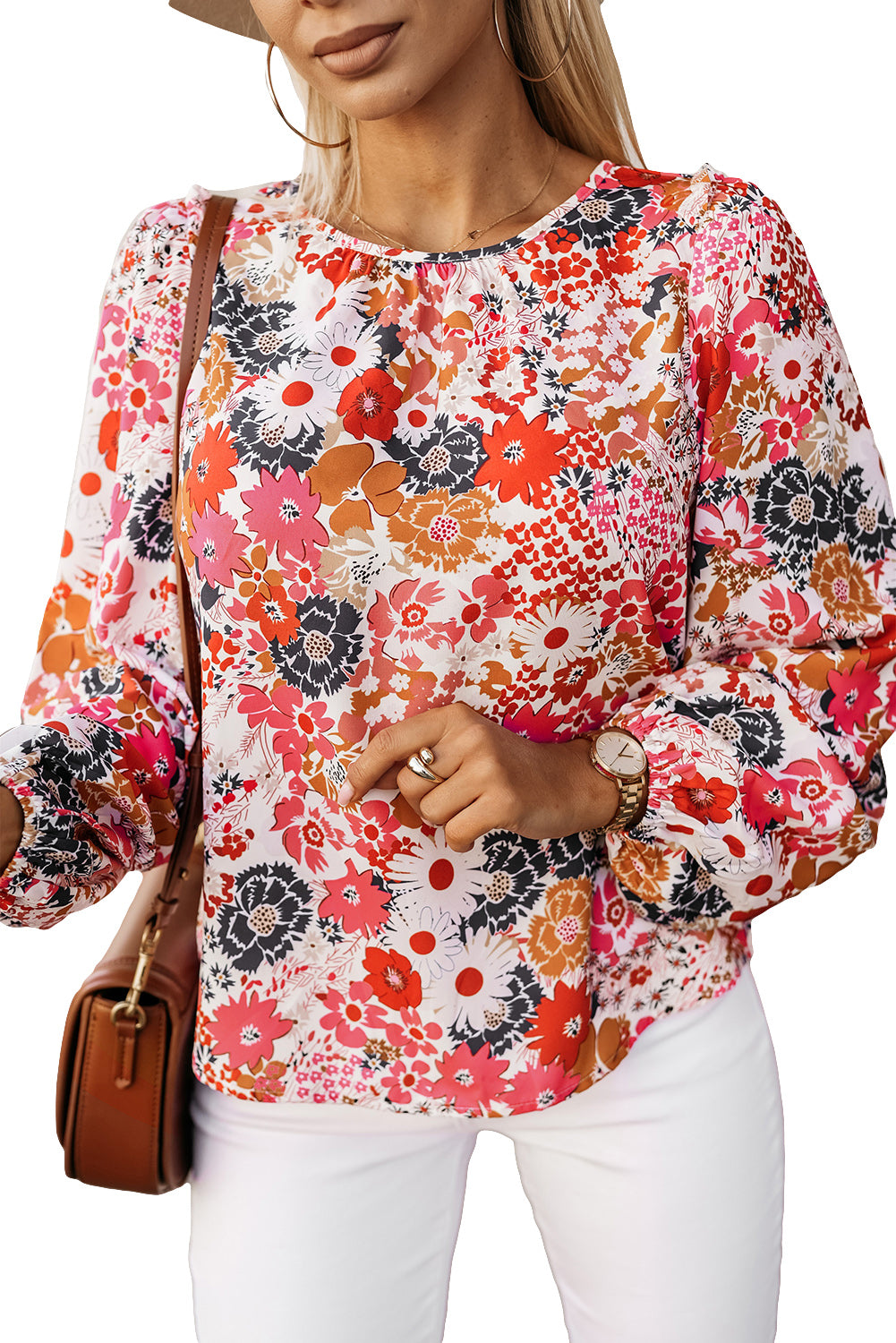 Fiery Red Floral Crewneck Long Sleeve Blouse