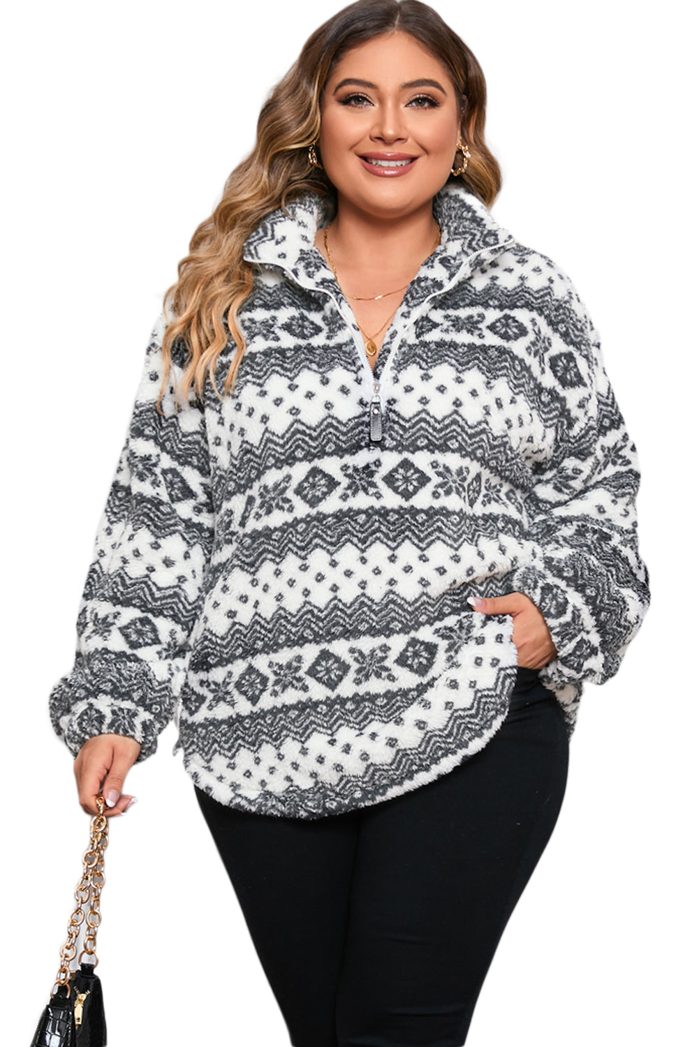 Weißer Sherpa-Pullover mit geometrischem Print und Viertelreißverschluss in Übergröße