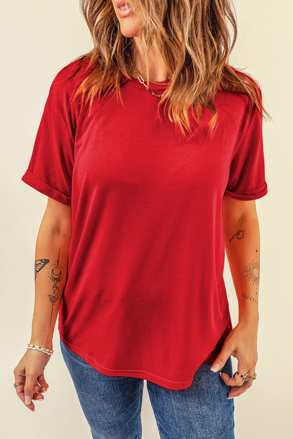 Rose Red Casual Plain Crew Neck Tee