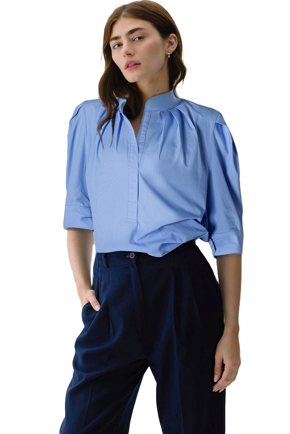 Sky Blue Solid 3/4 Sleeve Buttoned Stand Neck Shirt