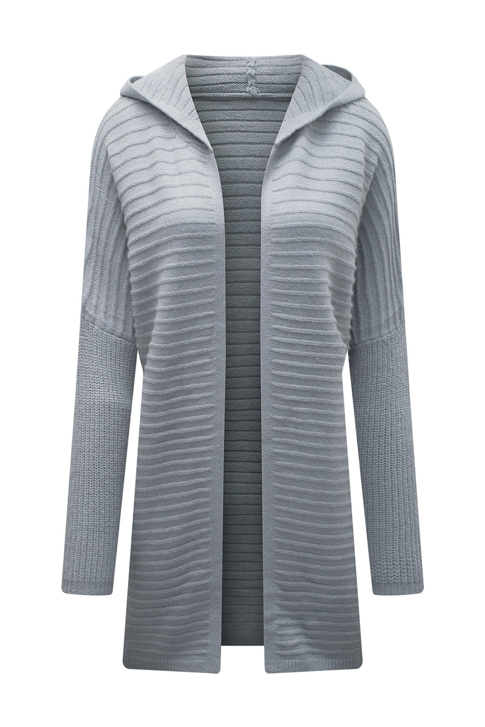 Cardigan à capuche gris en maille côtelée horizontale ouvert sur le devant