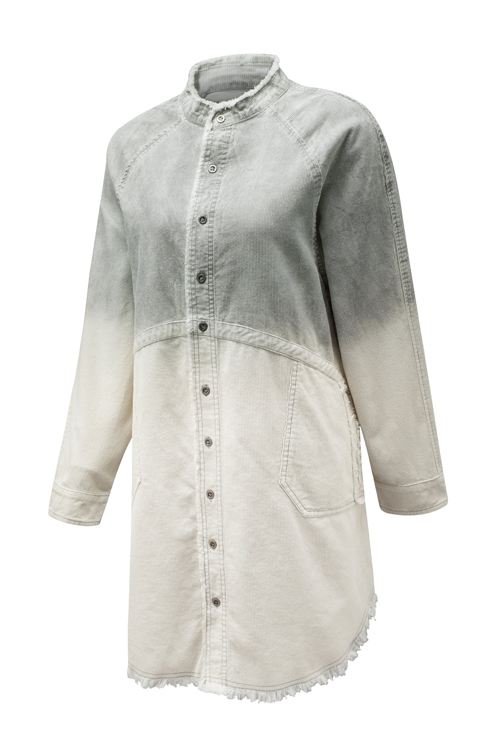 Gray Gradient Long Sleeve Button Up Raw Hem Denim Dress