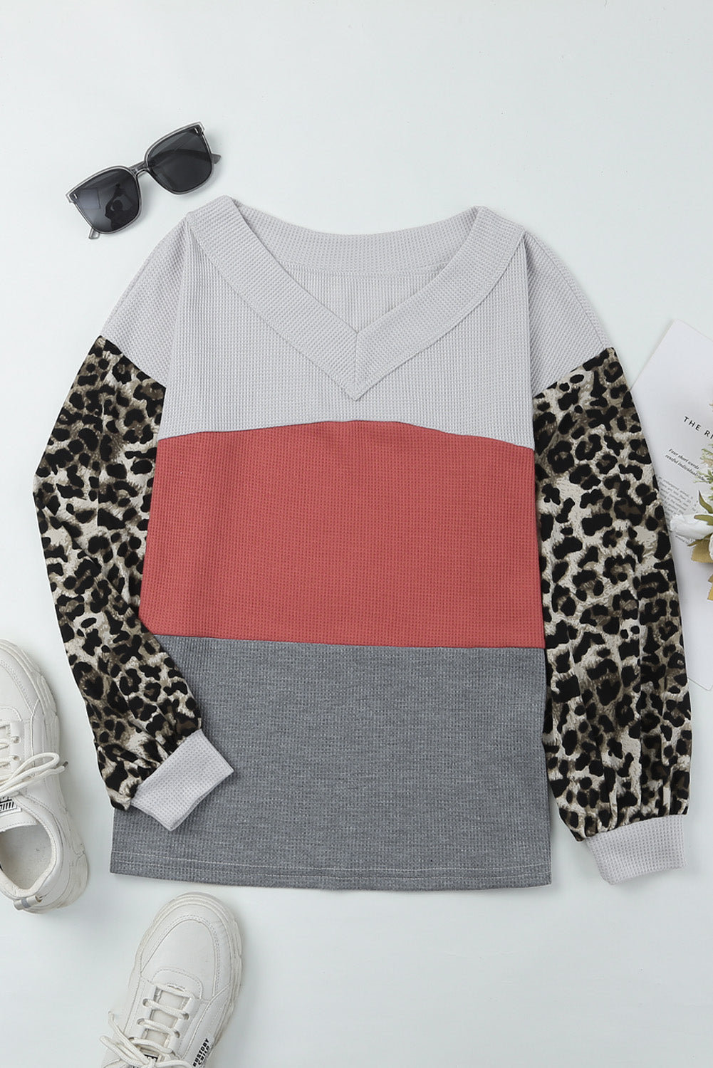 Haut en tricot gaufré color block à manches contrastées léopard sauvage rouge vif