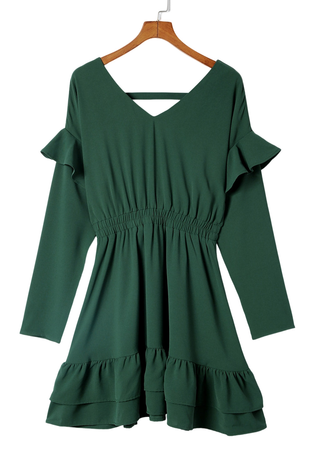 Jednobojna zelena mini haljina visokog struka s volanima i V izrezom