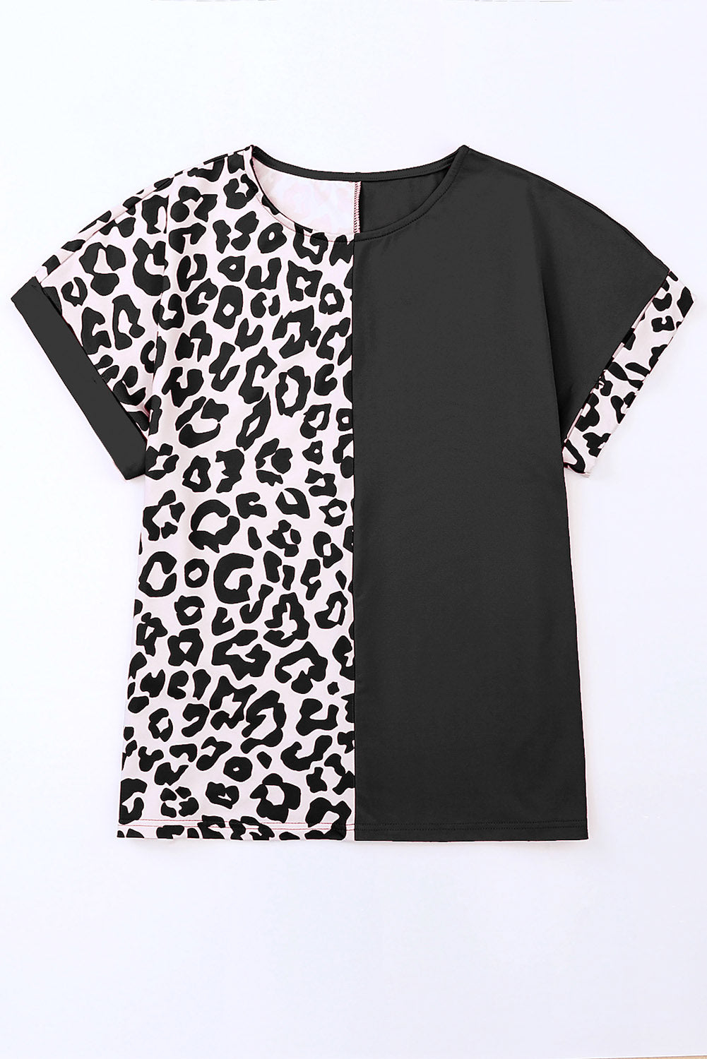 Haut noir à manches courtes et patchwork demi-léopard