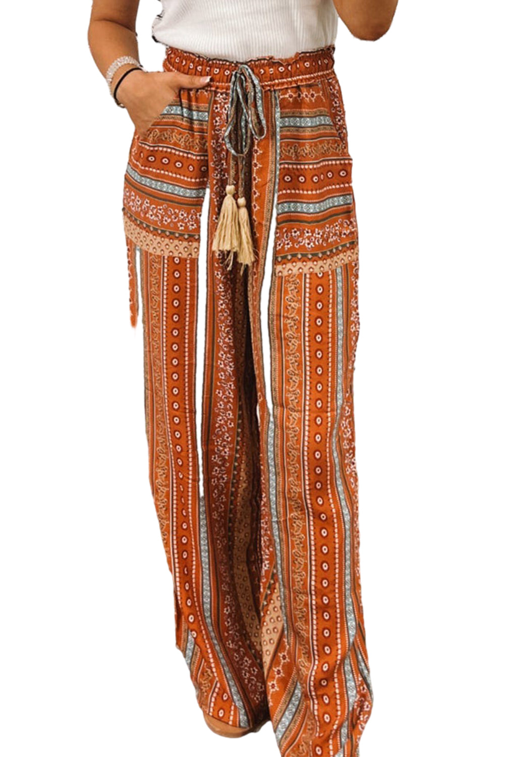 Gold Flame Boho-Hose mit weitem Bein und Quasten-Kordelzug