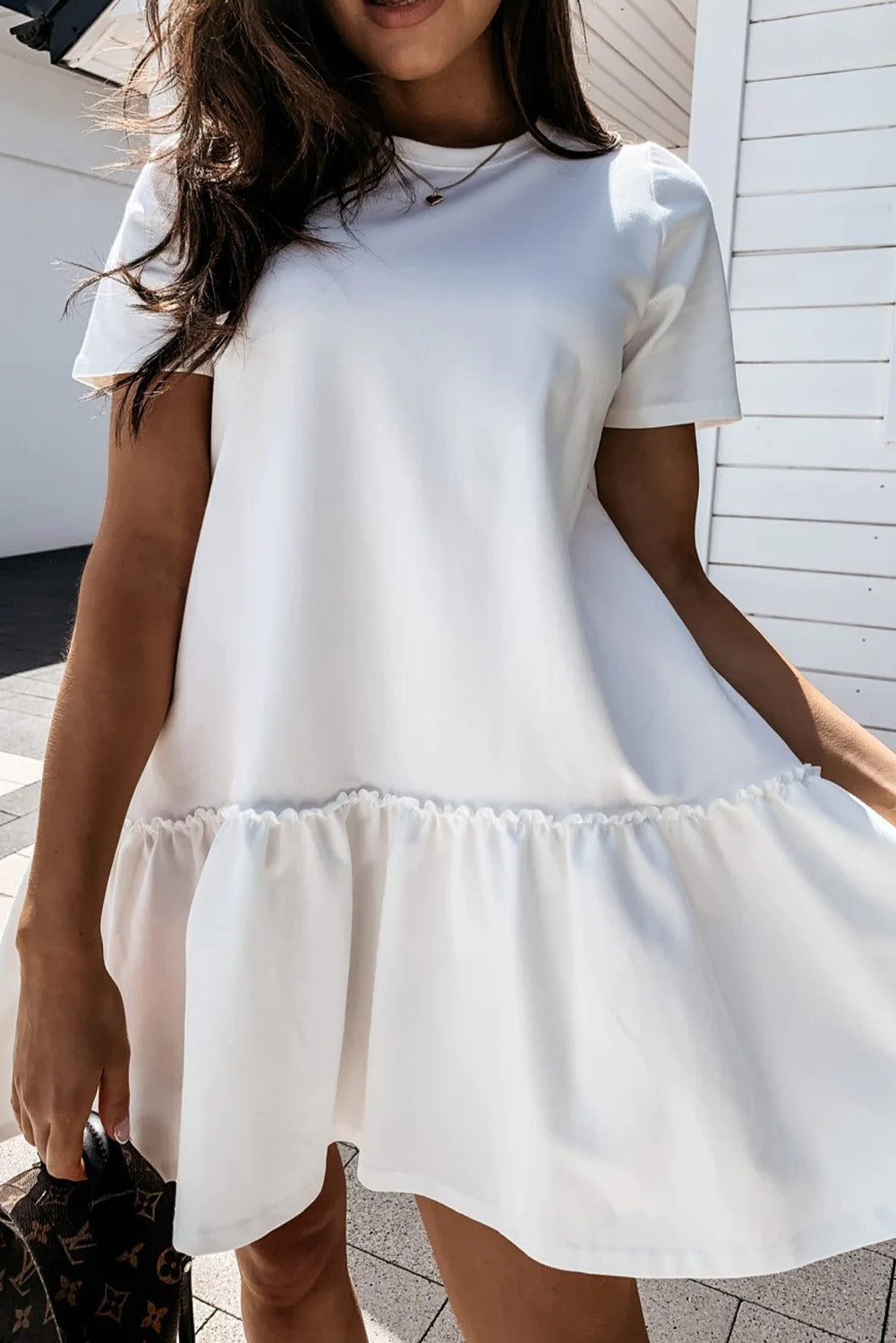 White Frilly Splicing Hem Short Sleeve Casual Dress