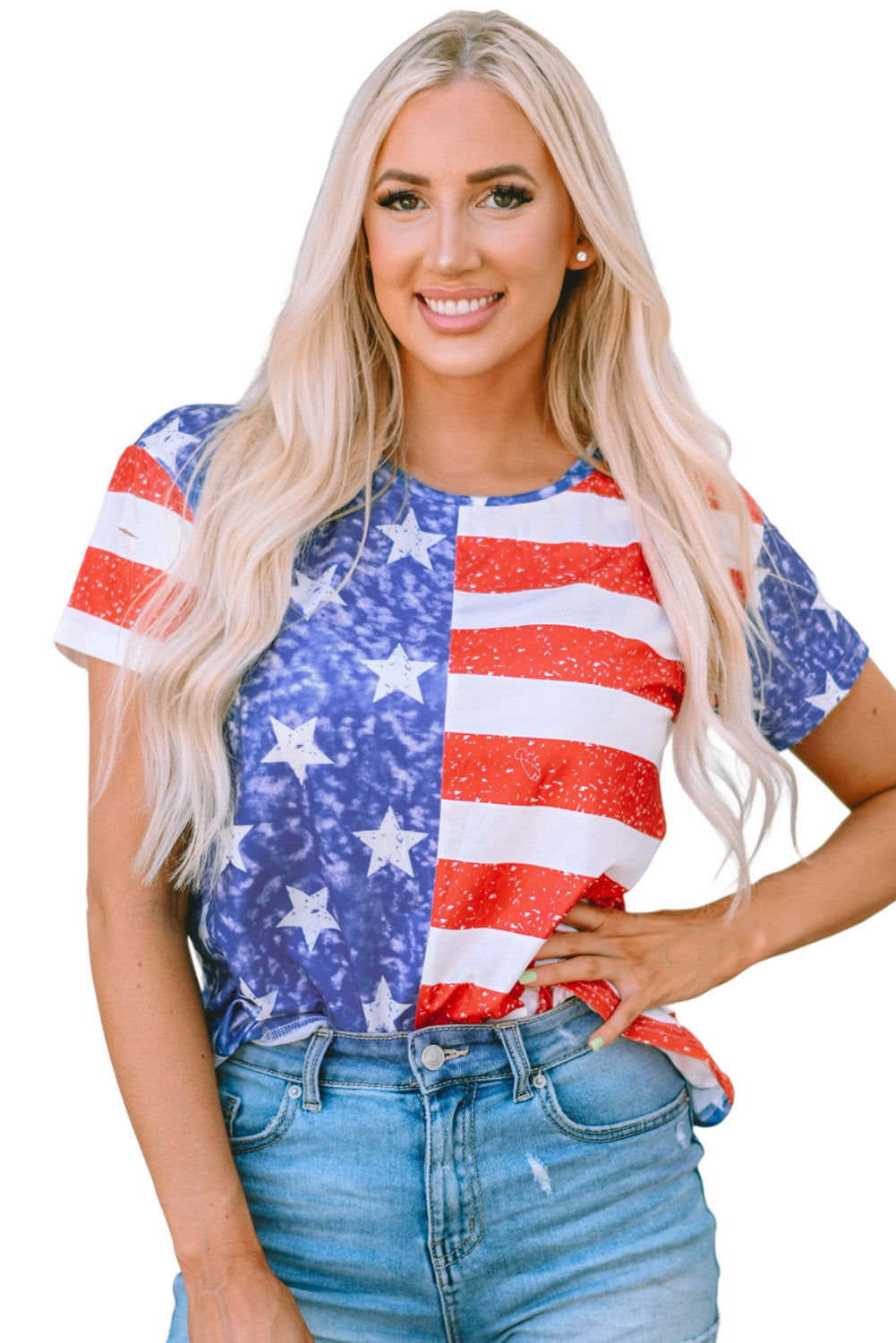 T-shirt girocollo invecchiata con stampa bandiera americana a righe
