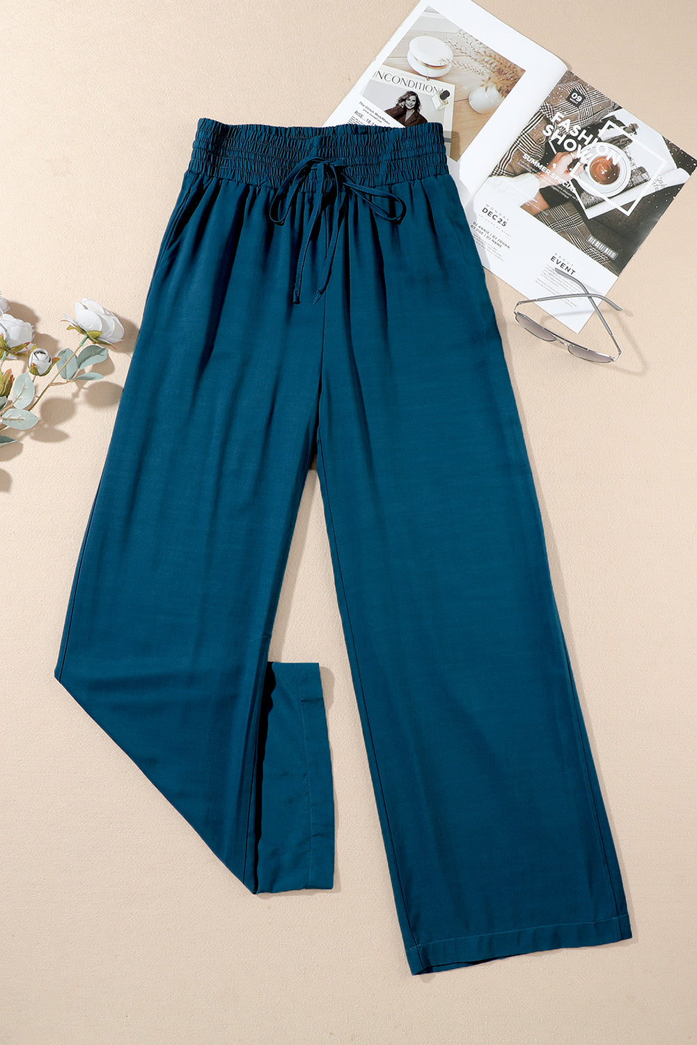Pantalon large décontracté à taille élastique avec cordon de serrage bleu