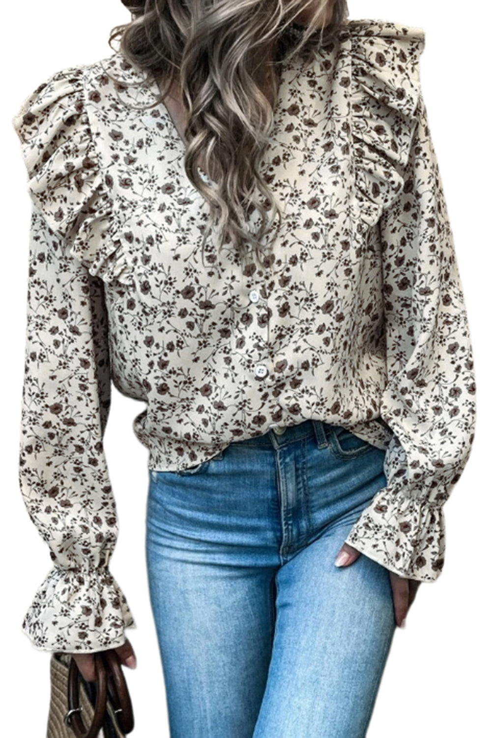 Bluza z naborki z V izrezom s cvetličnim vzorcem