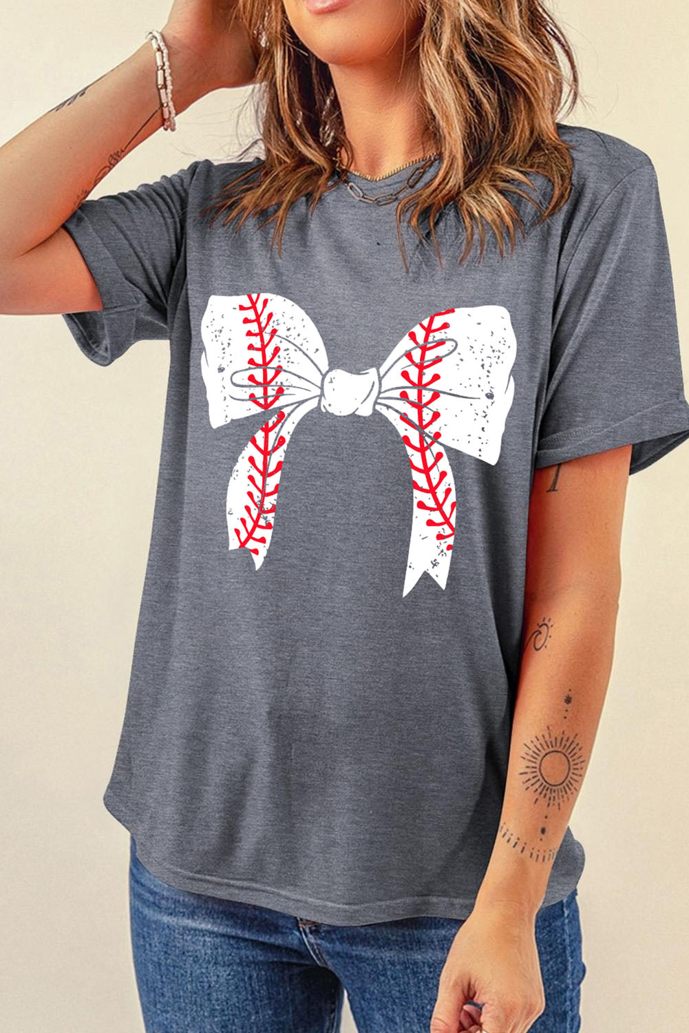 Rose Red Baseball Bowknot Graphic Casual Tee